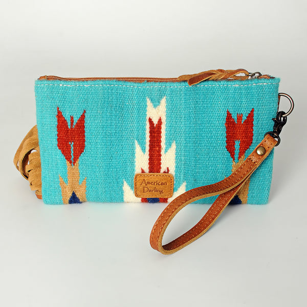 ADBG344 American Darling Aztec Saddle Blanket Tooled Leather Fringe Wristlet Clutch