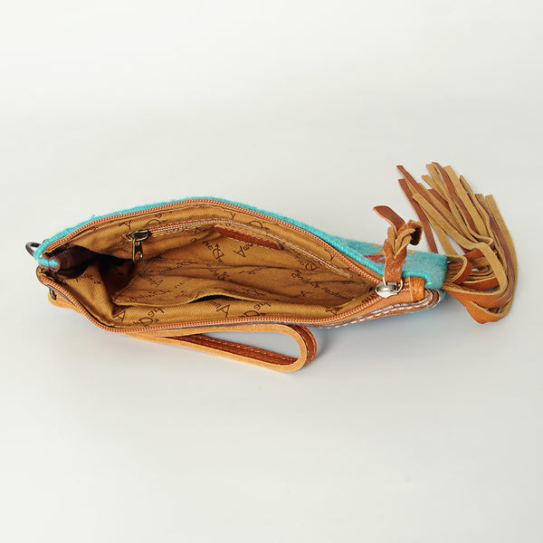 ADBG344 American Darling Aztec Saddle Blanket Tooled Leather Fringe Wristlet Clutch