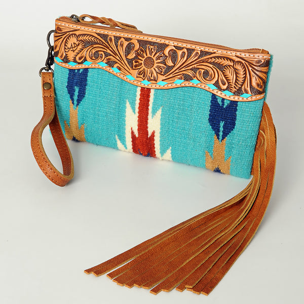 ADBG344 American Darling Aztec Saddle Blanket Tooled Leather Fringe Wristlet Clutch
