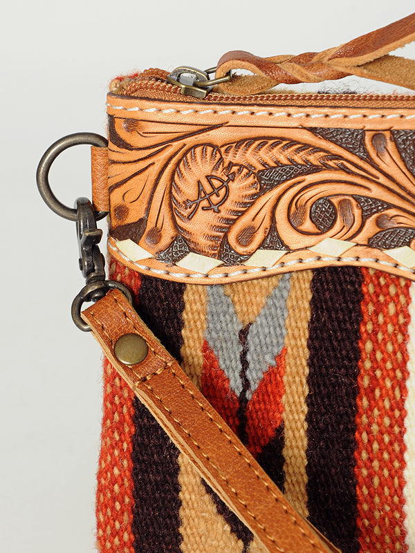 ADBG344 American Darling Aztec Saddle Blanket Tooled Leather Fringe Wristlet Clutch