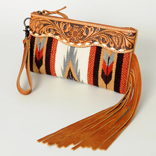 ADBG344 American Darling Aztec Saddle Blanket Tooled Leather Fringe Wristlet Clutch