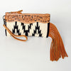 ADBG344 American Darling Aztec Saddle Blanket Tooled Leather Fringe Wristlet Clutch