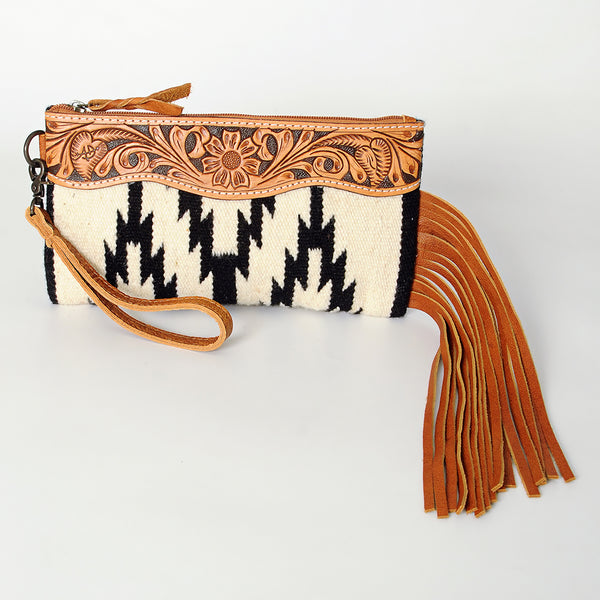 ADBG344 American Darling Aztec Saddle Blanket Tooled Leather Fringe Wristlet Clutch