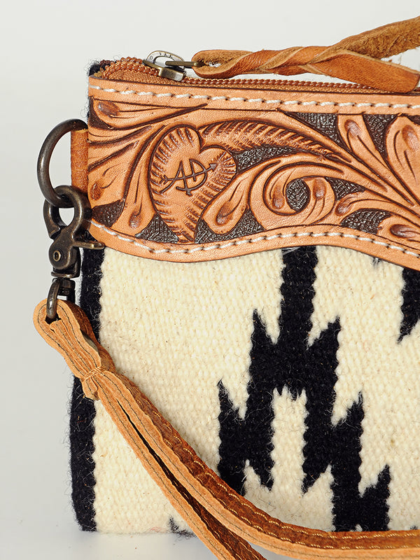 ADBG344 American Darling Aztec Saddle Blanket Tooled Leather Fringe Wristlet Clutch