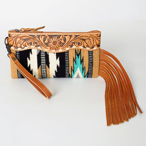 ADBG344 American Darling Aztec Saddle Blanket Tooled Leather Fringe Wristlet Clutch