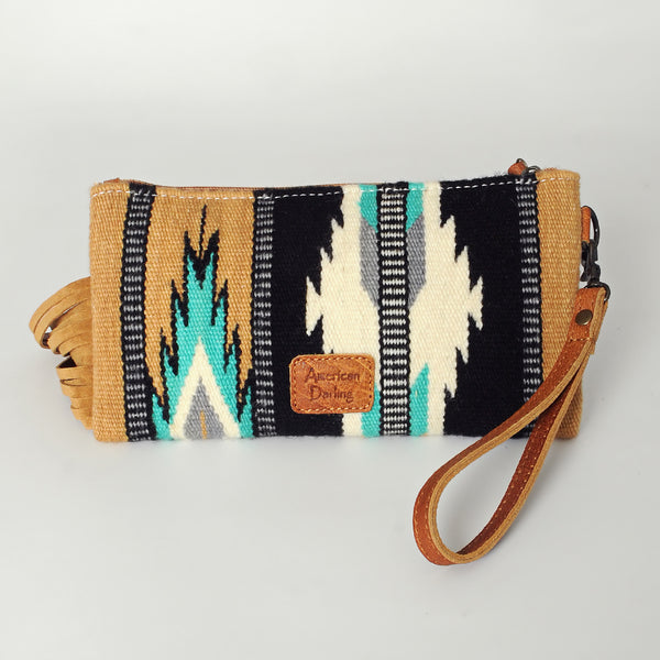 ADBG344 American Darling Aztec Saddle Blanket Tooled Leather Fringe Wristlet Clutch