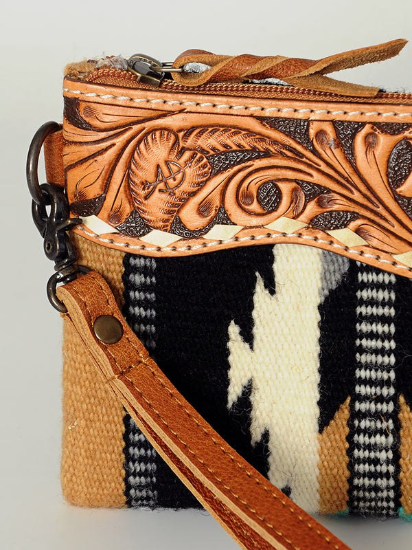 ADBG344 American Darling Aztec Saddle Blanket Tooled Leather Fringe Wristlet Clutch