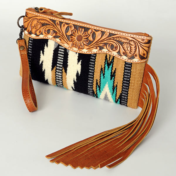 ADBG344 American Darling Aztec Saddle Blanket Tooled Leather Fringe Wristlet Clutch