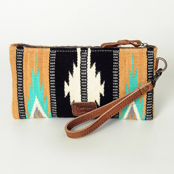 ADBG344 Southwestern Wool Wristlet Clutch with Tribal Pattern and Leather Strap