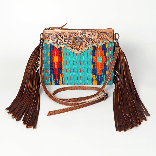 ADBG236 American Darling Hand-Tooled Floral Cross body Bag with Woven Saddle Blanket & Fringes