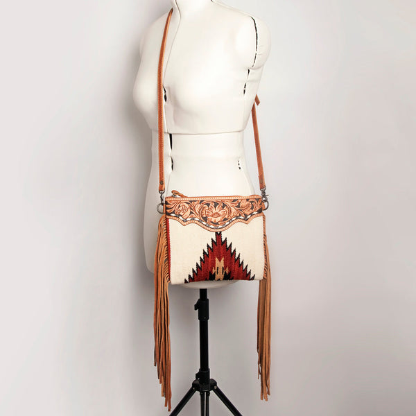ADBG236 American Darling Hand-Tooled Floral Cross body Bag with Woven Saddle Blanket & Fringes