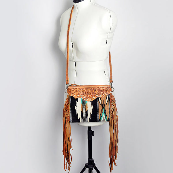 ADBG236 American Darling Hand-Tooled Floral Cross body Bag with Woven Saddle Blanket & Fringes