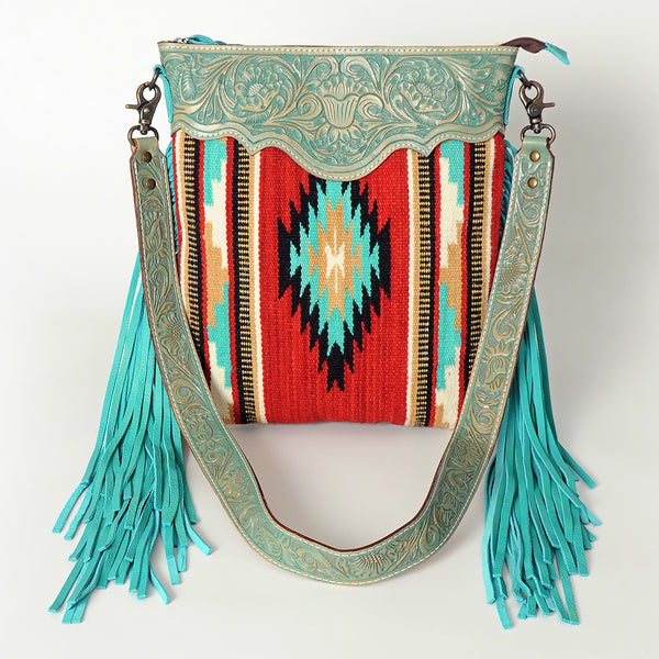 ADBG298 American Darling Large Cross body Bag - Hand Tooled Floral Leather & Woven Saddle Blanket Purse