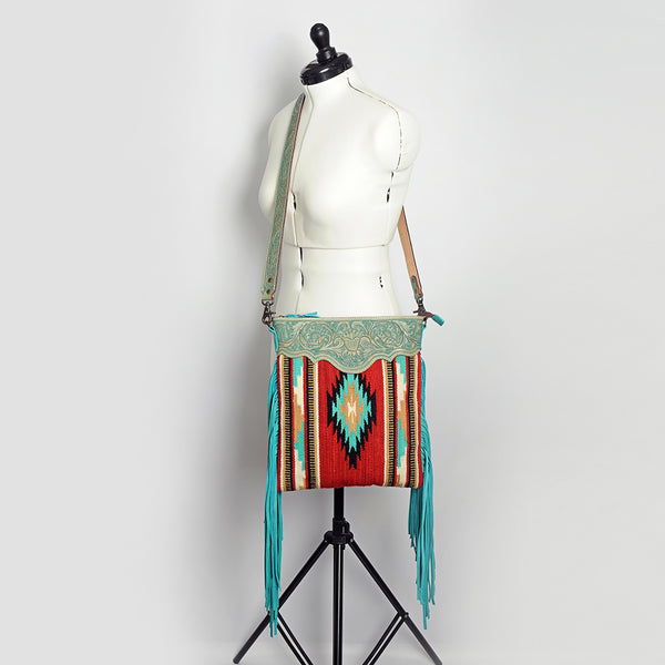 ADBG298 American Darling Large Cross body Bag - Hand Tooled Floral Leather & Woven Saddle Blanket Purse