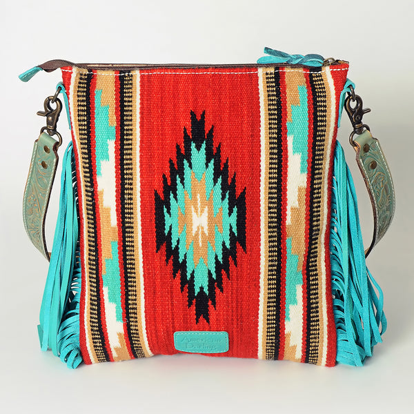 ADBG298 American Darling Large Cross body Bag - Hand Tooled Floral Leather & Woven Saddle Blanket Purse