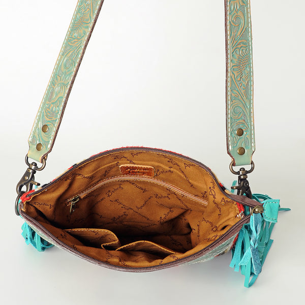ADBG298 American Darling Large Cross body Bag - Hand Tooled Floral Leather & Woven Saddle Blanket Purse