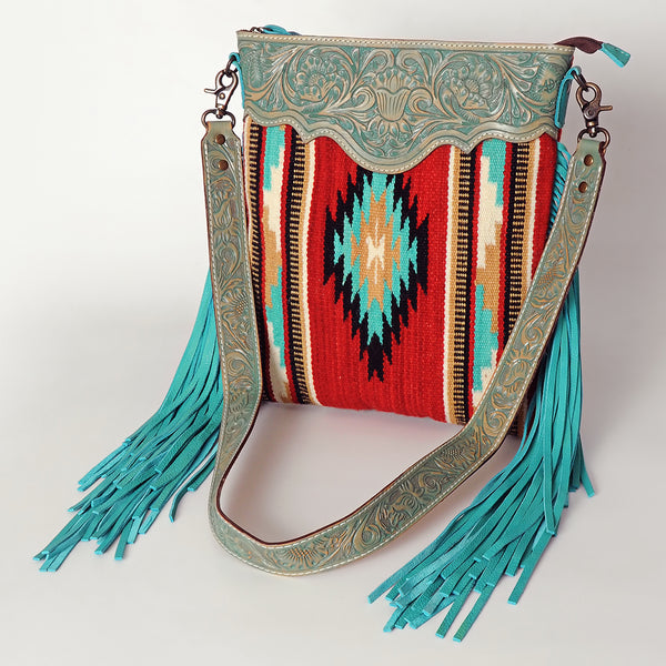 ADBG298 American Darling Large Cross body Bag - Hand Tooled Floral Leather & Woven Saddle Blanket Purse