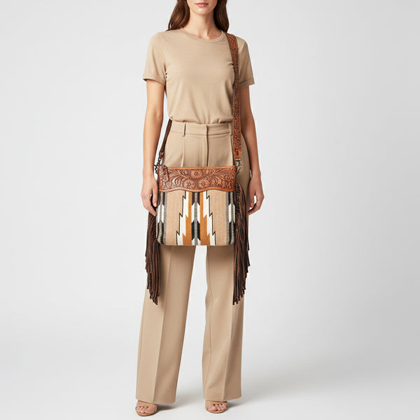 LC-ADBGZ577A Beige & Rust Southwestern Woven Crossbody Bag - Floral Tooled Leather & Fringe Strap