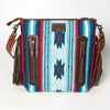 LC-ADBGZ557A Southwestern Woven & Tooled Leather Fringe Crossbody Bag - Blue Serape with Floral Tooled Strap