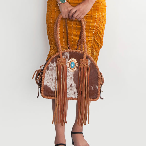 LC-ADBGD162B Round Hair-On Cowhide Leather Western Tote Bag with Turquoise Concho & Braided Fringe