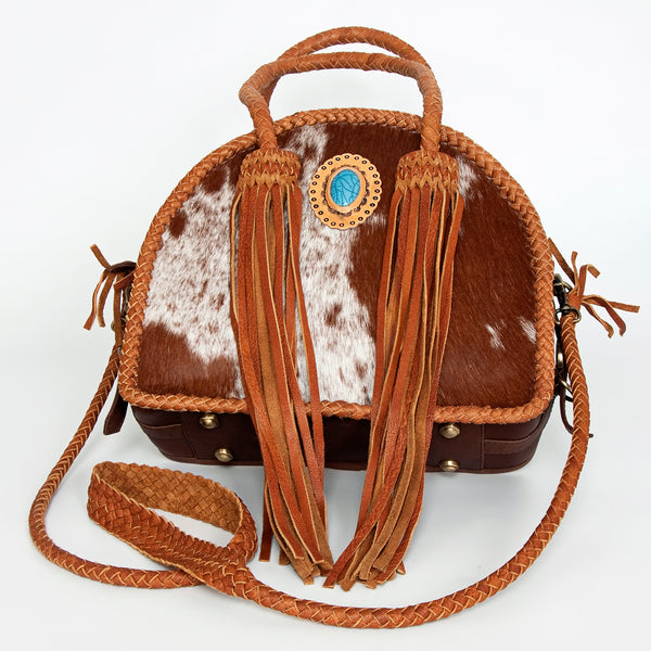 LC-ADBGD162B Round Hair-On Cowhide Leather Western Tote Bag with Turquoise Concho & Braided Fringe