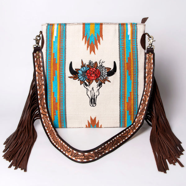 ADBGA263 American Darling Southwestern Woven Fringed Tooled Leather Crossbody Bag