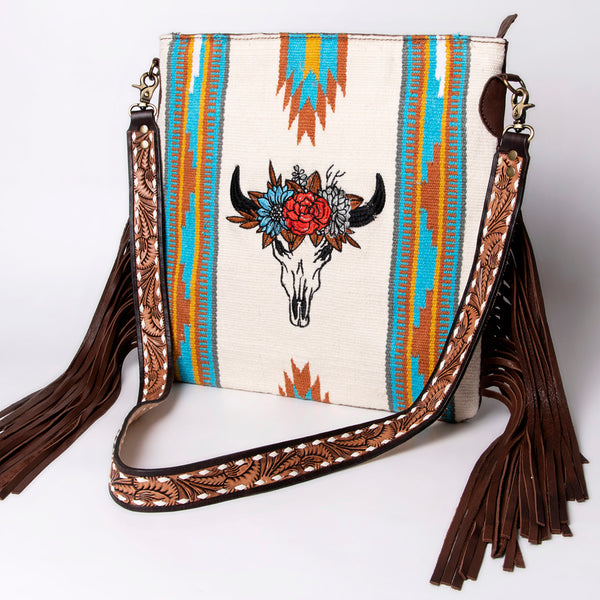 ADBGA263 American Darling Southwestern Woven Fringed Tooled Leather Crossbody Bag