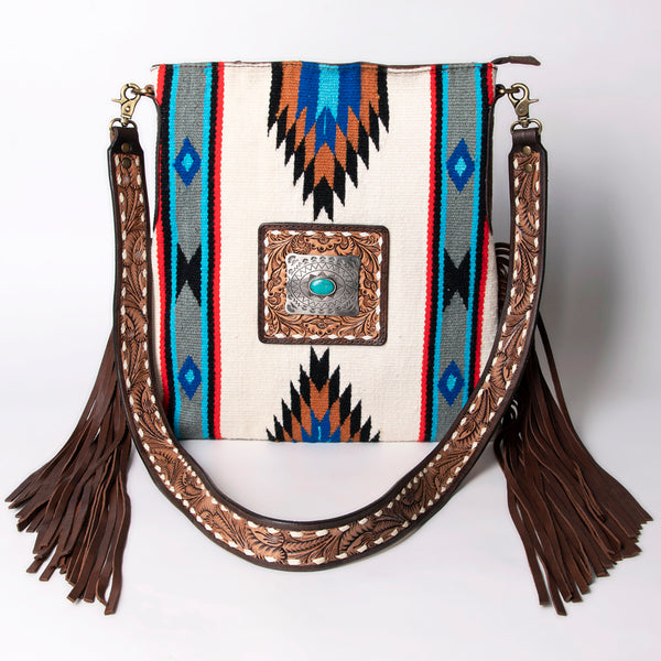 ADBGA270 American Darling Carved Leather and Woven Saddle Blanket Fringed Crossbody