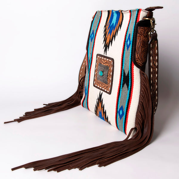 ADBGA270 American Darling Carved Leather and Woven Saddle Blanket Fringed Crossbody