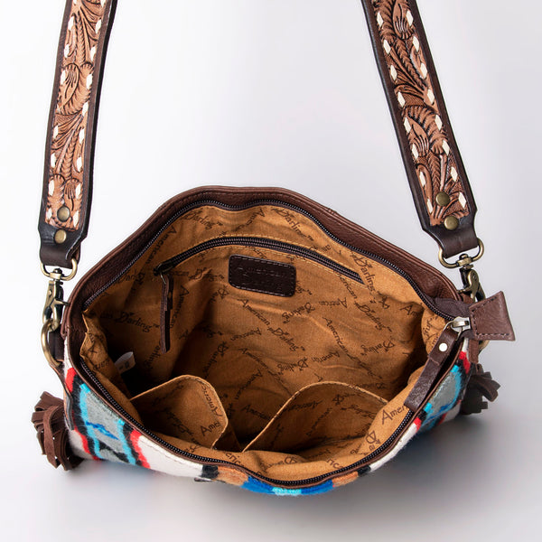 ADBGA270 American Darling Carved Leather and Woven Saddle Blanket Fringed Crossbody