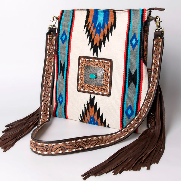 ADBGA270 American Darling Carved Leather and Woven Saddle Blanket Fringed Crossbody