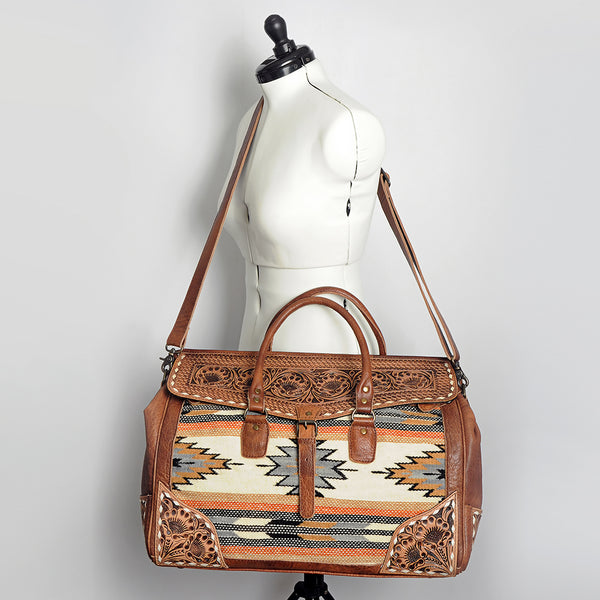 ADBG516 American Darling Tooled Leather & Saddle Blanket Duffel Bag Mae Western Travel Weekender