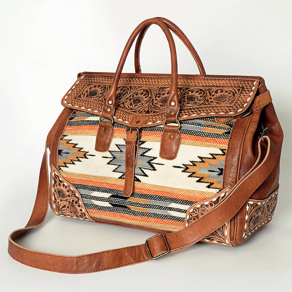 ADBG516 American Darling Tooled Leather & Saddle Blanket Duffel Bag Mae Western Travel Weekender
