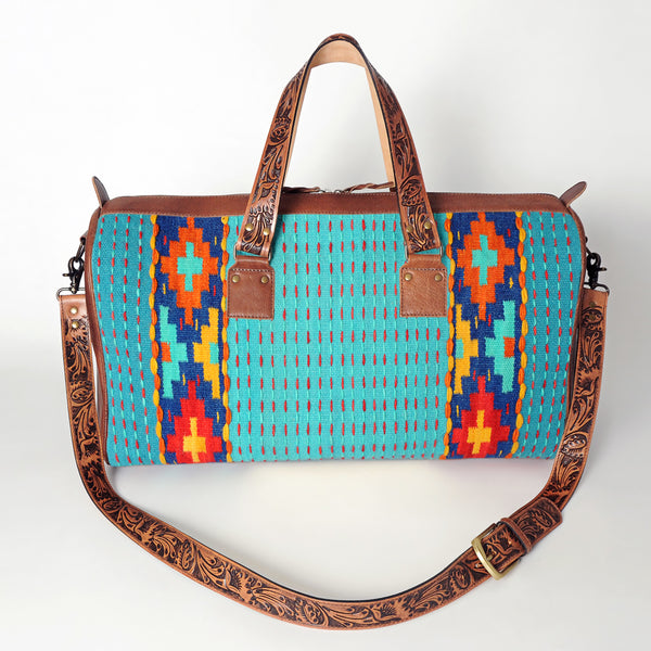 ADBG870 American Darling Hand Tooled Leather & Woven Saddle Blanket Western Duffel Bag