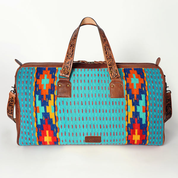 ADBG870 American Darling Hand Tooled Leather & Woven Saddle Blanket Western Duffel Bag