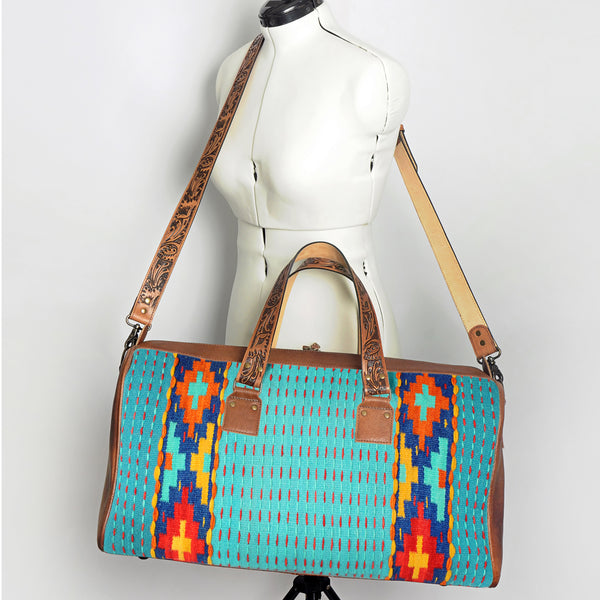 ADBG870 American Darling Hand Tooled Leather & Woven Saddle Blanket Western Duffel Bag