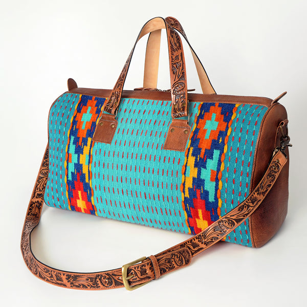 ADBG870 American Darling Hand Tooled Leather & Woven Saddle Blanket Western Duffel Bag