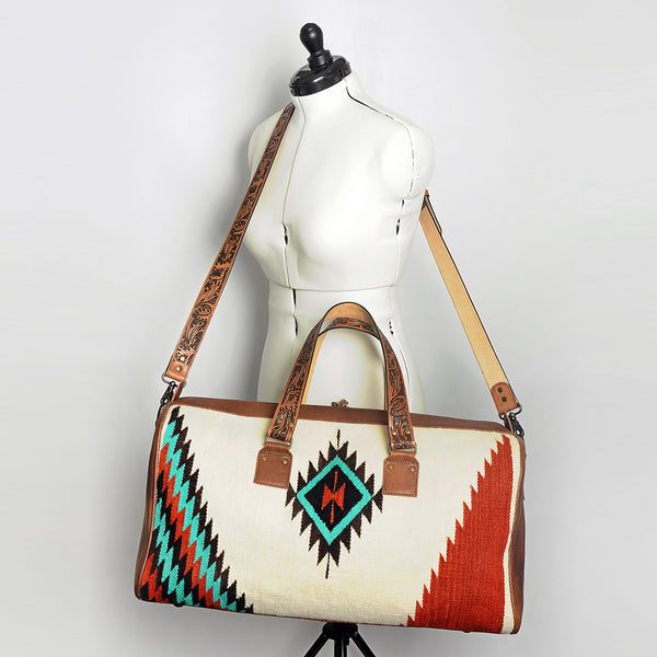 ADBG870 American Darling Hand Tooled Leather & Woven Saddle Blanket Western Duffel Bag