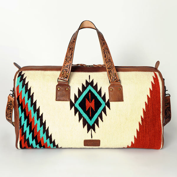 ADBG870 American Darling Hand Tooled Leather & Woven Saddle Blanket Western Duffel Bag