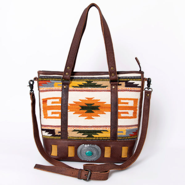 ADBG879 American Darling Western Leather Tote Bag with Turquoise Concho and Hand Woven Saddle Blanket