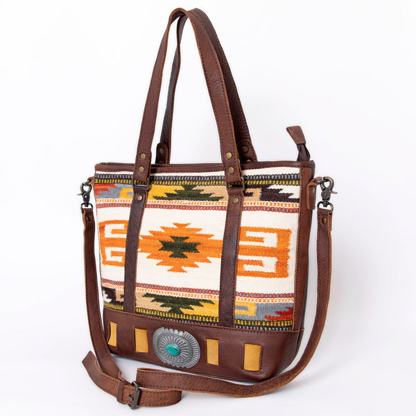 ADBG879 American Darling Western Leather Tote Bag with Turquoise Concho and Hand Woven Saddle Blanket