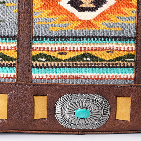 ADBG879 American Darling Western Leather Tote Bag with Turquoise Concho and Hand Woven Saddle Blanket