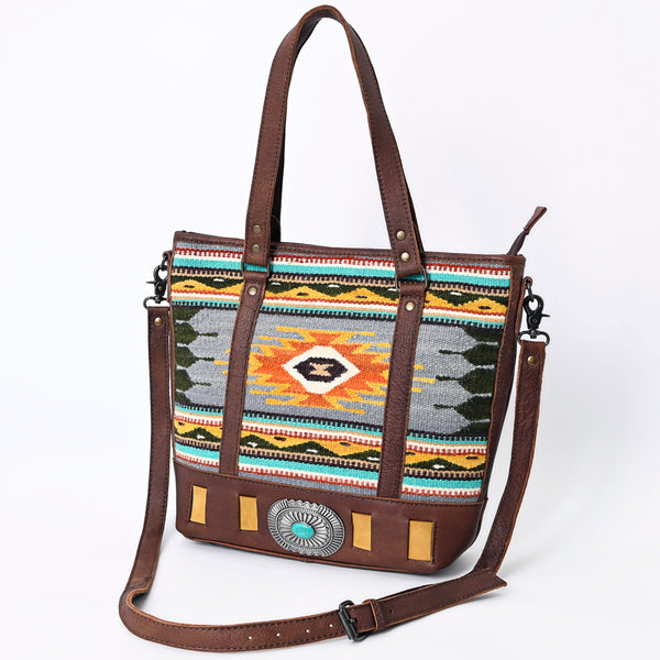 ADBG879 American Darling Western Leather Tote Bag with Turquoise Concho and Hand Woven Saddle Blanket