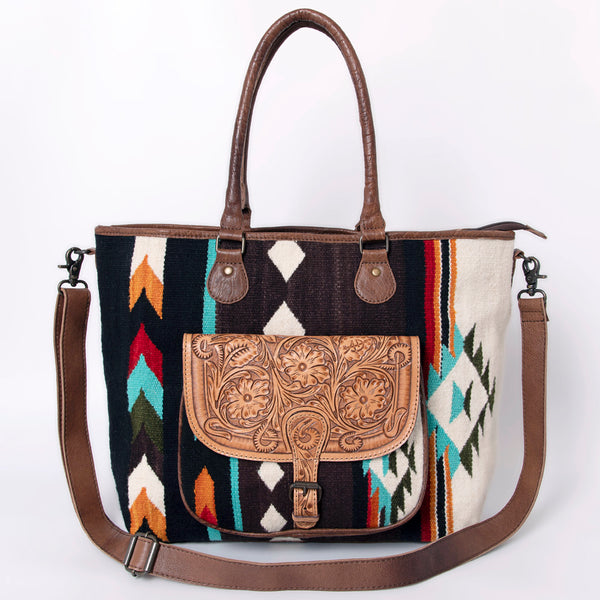 ADBG882 American Darling Western Tote Bag with Hand Tooled Floral and Hand-Woven Saddle Blanket