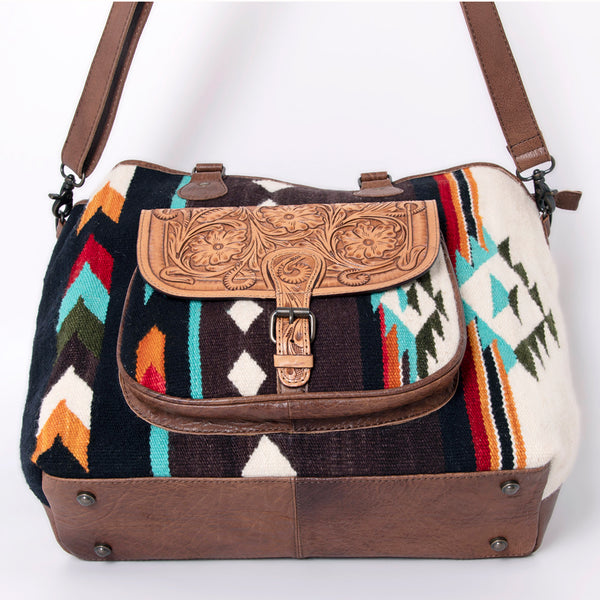 ADBG882 American Darling Western Tote Bag with Hand Tooled Floral and Hand-Woven Saddle Blanket