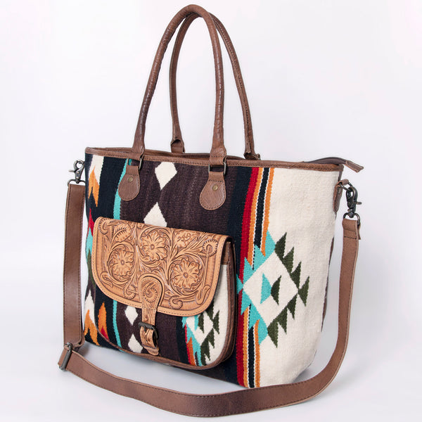 ADBG882 American Darling Western Tote Bag with Hand Tooled Floral and Hand-Woven Saddle Blanket