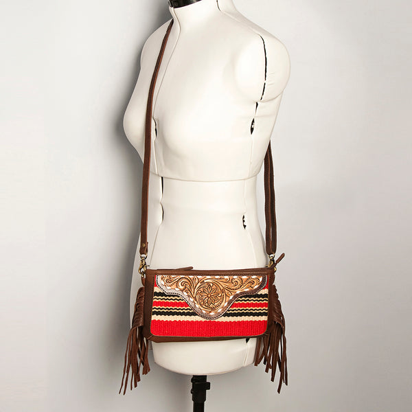 ADBGA188 American Darling Southwestern Wool & Leather Fringe Crossbody Bag with Hand-Tooled Flap
