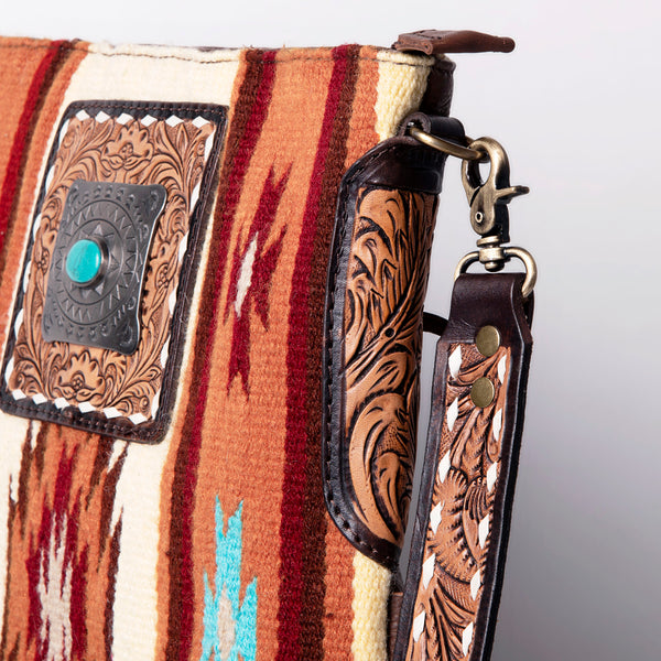 ADBGA269 American Darling Aztec Pattern Woven Tooled Leather Fringed Crossbody