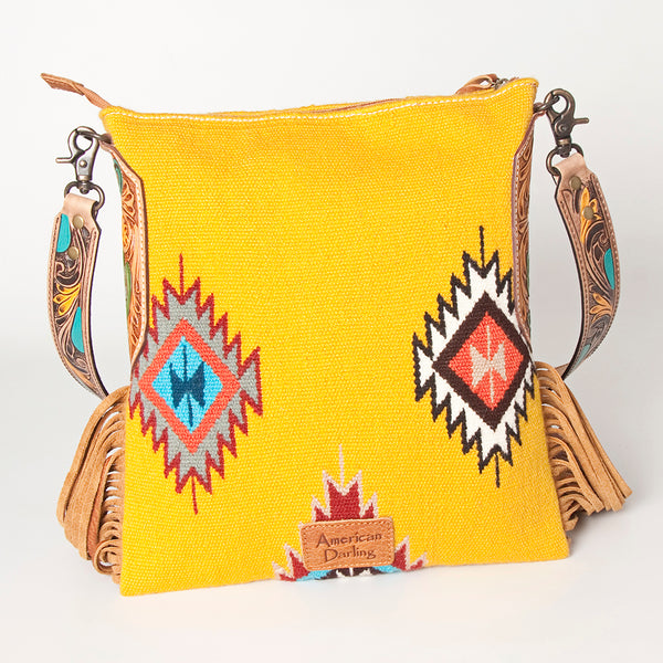 ADBG905 American Darling Hand Woven Saddle Blanket Western Leather Cross body Bag with Fringes