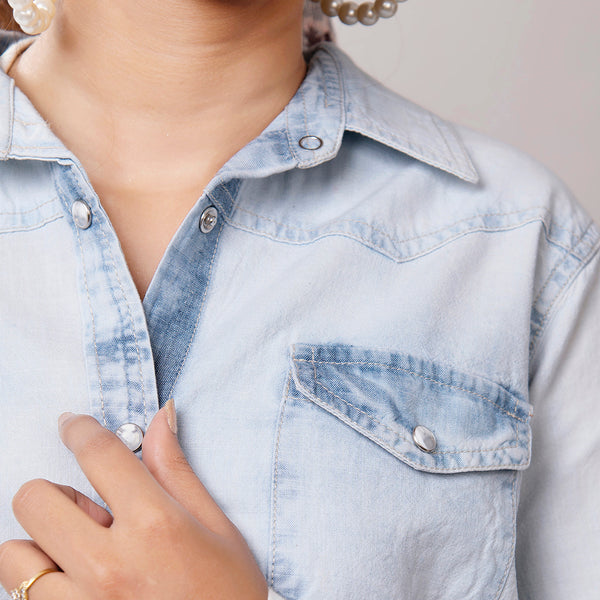 LC-ADSH011 Women's Denim Western Shirt with Tooled Leather Yoke Handcrafted Floral Back Detail